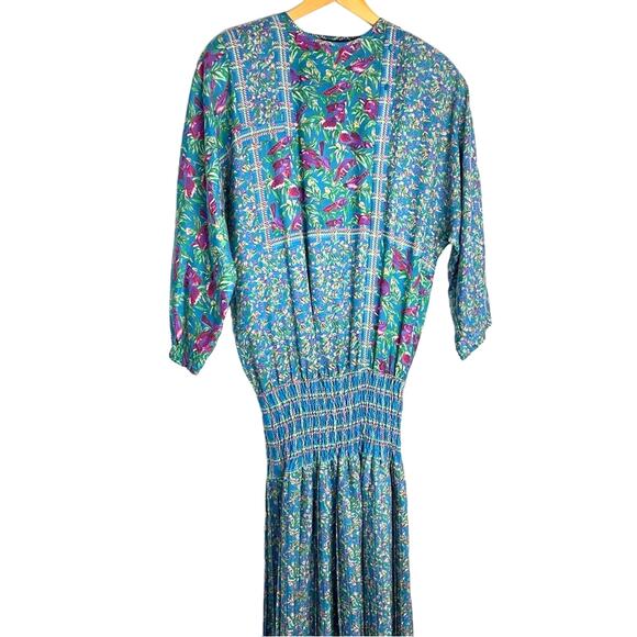 Vintage | Diane Freis Dress Blue Floral and Bird Pattern - Picture 1 of 16